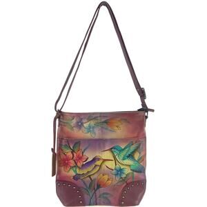 Anuschka Vintage Multicolor Hand-Painted Leather Hummingbird Crossbody Bag Purse